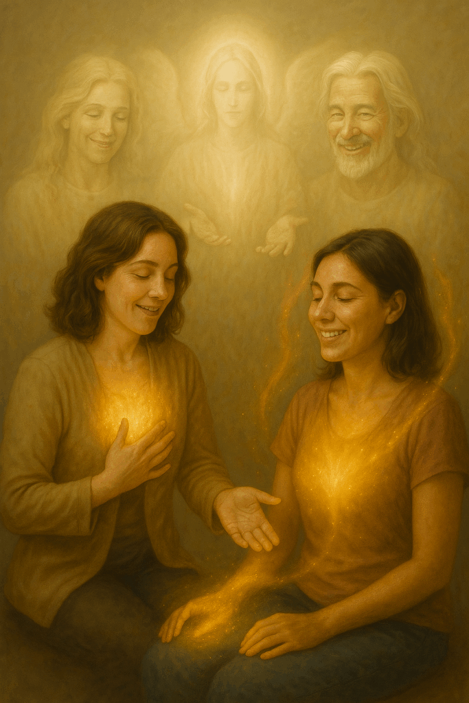 Terapeuta espiritual canalizando una lectura de Registros Akáshicos mientras transmite energía dorada a una mujer en paz, rodeadas de Guías Espirituales